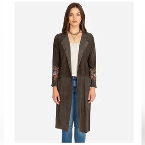 Johnny Was Workshop Brown Embroidered Genuine Suede Lailani Duster Coat Sz. M